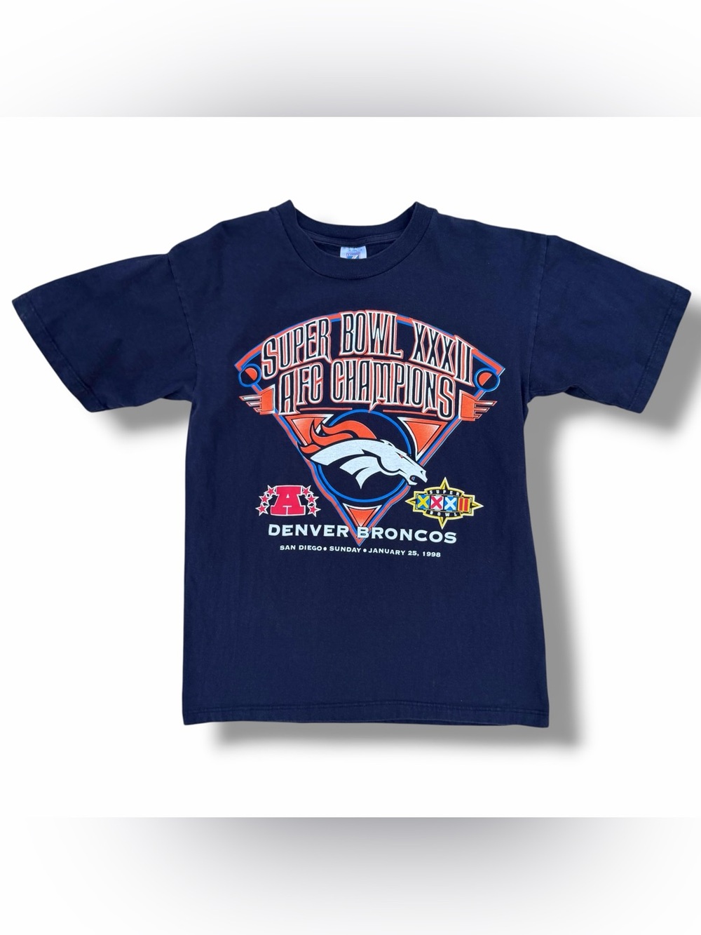 Vintage Logo 7 Denver Broncos 1998 Super Bowl T-Shirt Navy Blue Size Medium USA